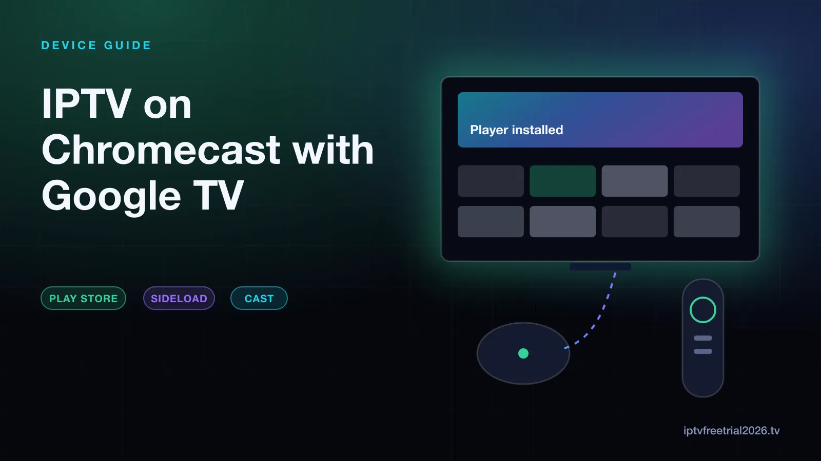 Illustration of a TV with an IPTV player installed, a small streaming dongle and a slim remote