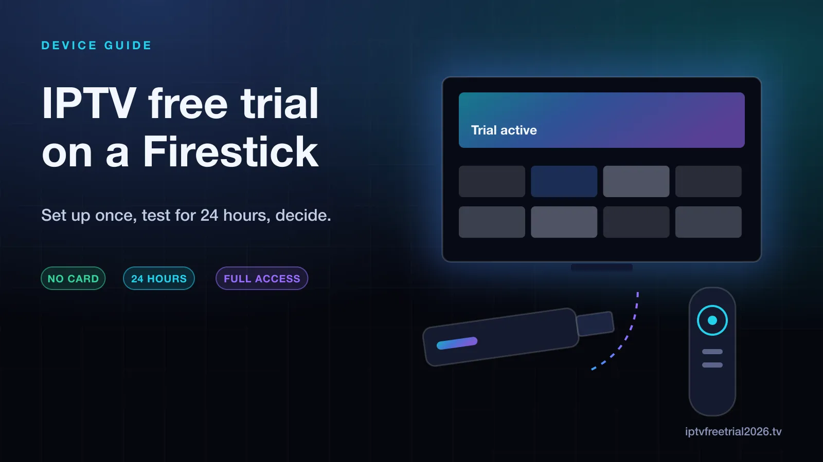 Illustration of a streaming stick and remote connected to a TV showing an active IPTV trial