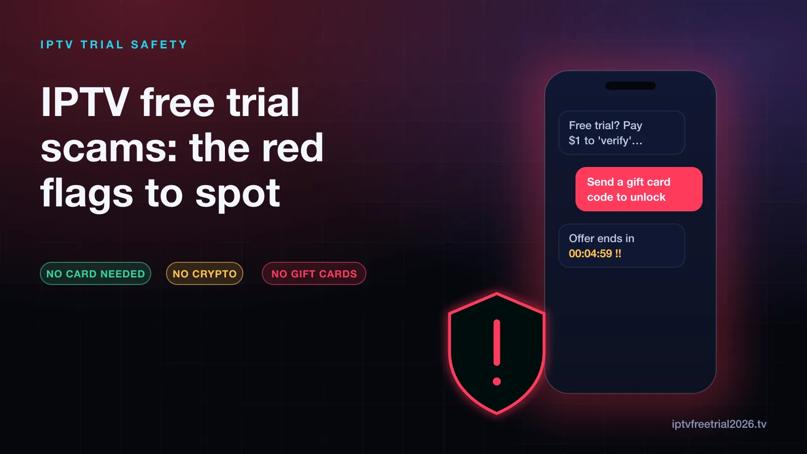Phone showing chat messages asking for a $1 verification fee and a gift card code to unlock a free IPTV trial, with a red warning shield