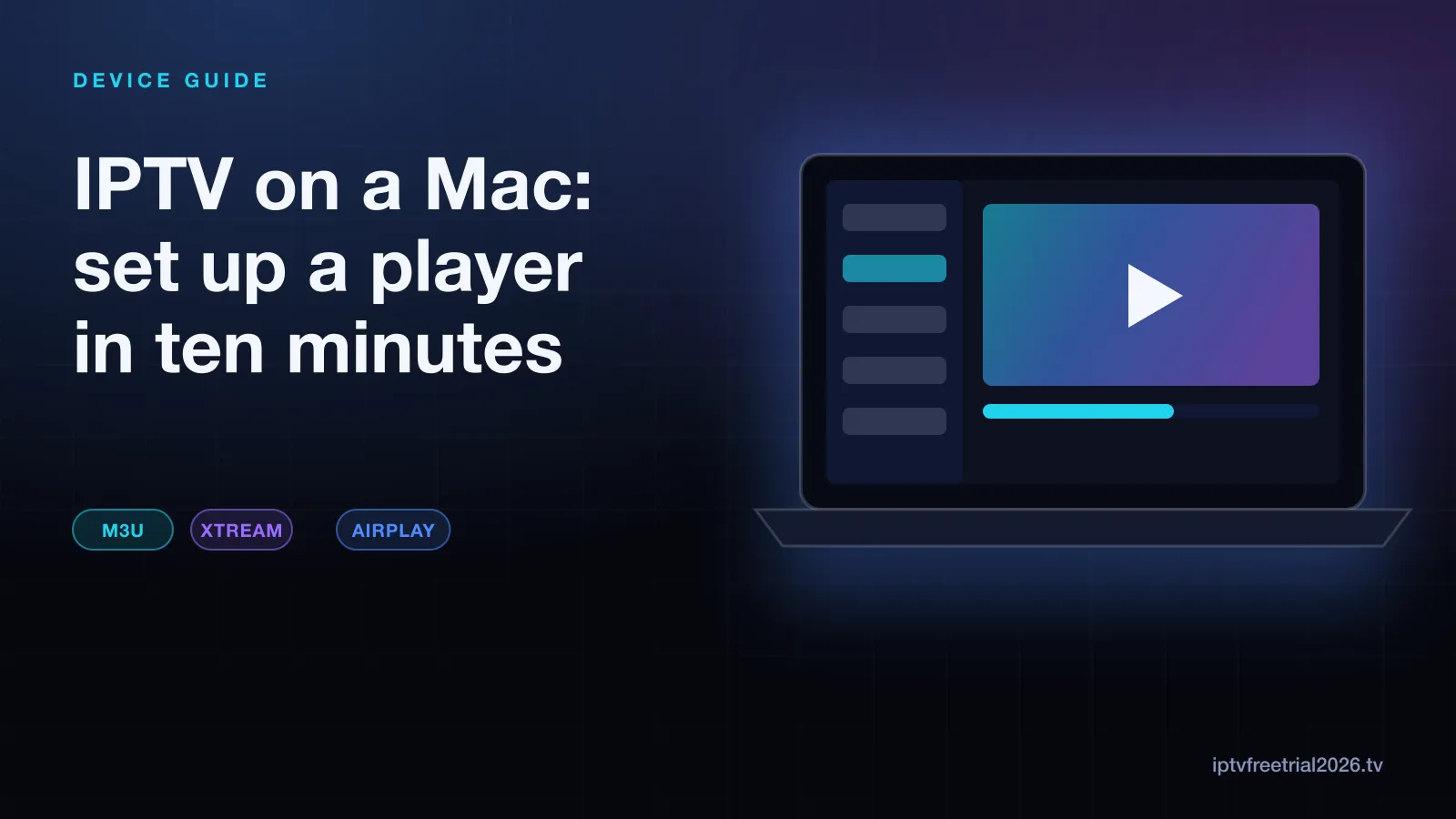 Illustration of a laptop running an IPTV player with a channel sidebar and a playing video