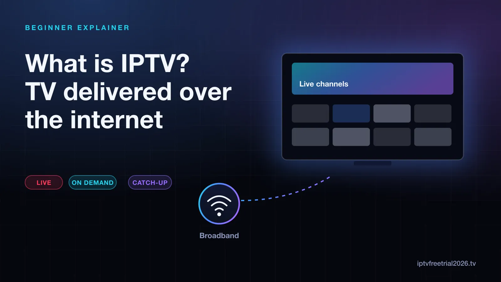 Illustration of a TV showing a live channel row, connected by a dotted line to a broadband signal icon