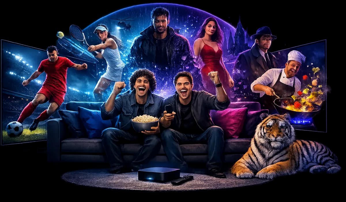Two friends cheering on a sofa beside a streaming box, surrounded by what is on: live football and tennis, an action film, a drama, a detective series, a cooking show and a wildlife documentary